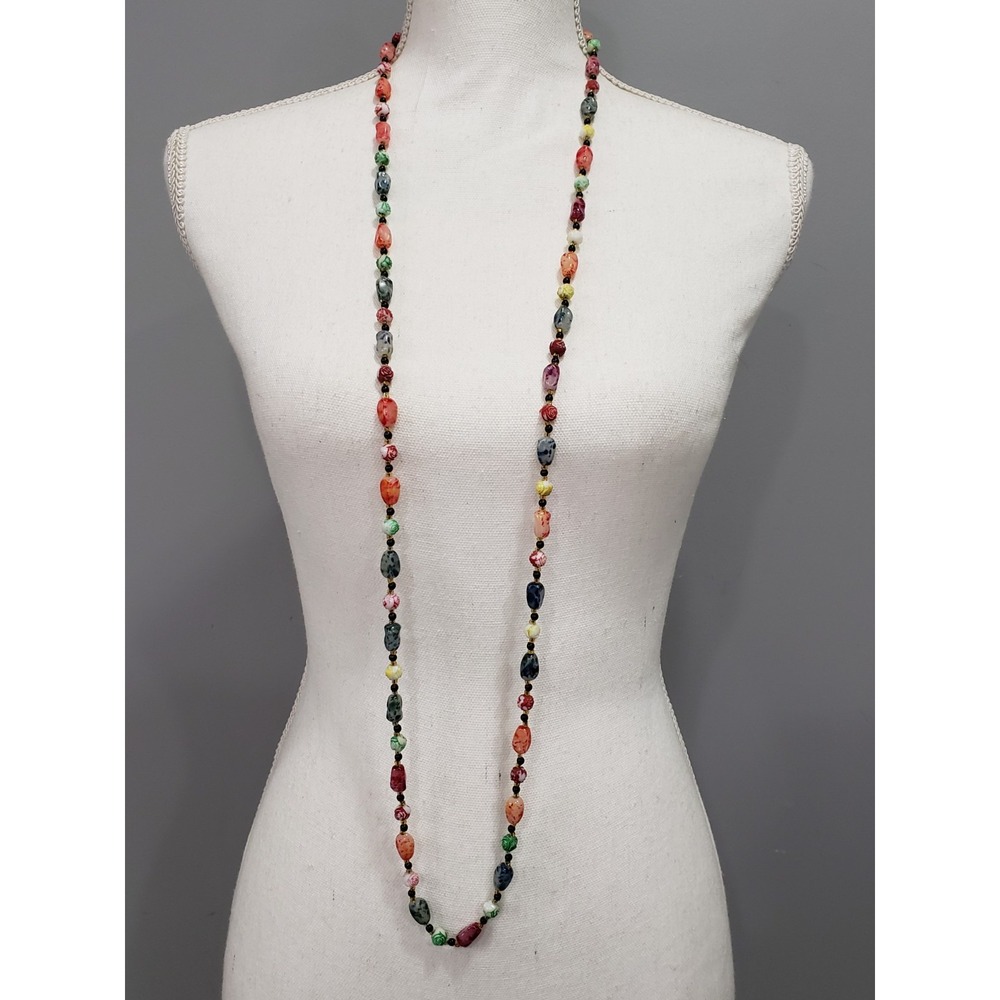 Vintage Rainbow Multicolored Station Necklace 48" faux gemstone boho whimsical